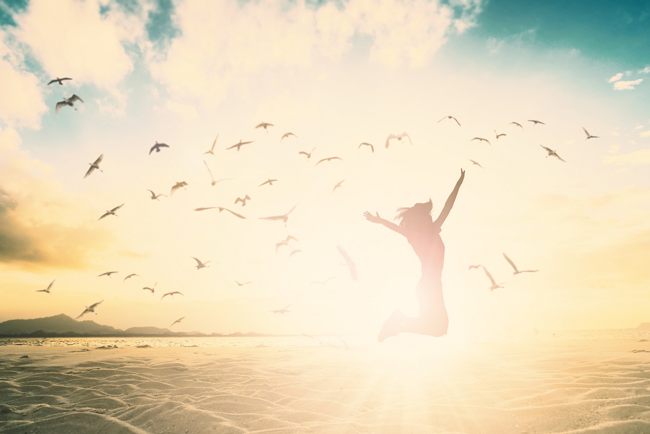 silhouette jumping in front of sunset