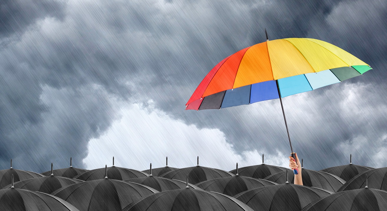 Rainbow umbrella stand out in a sea of black umbrellas